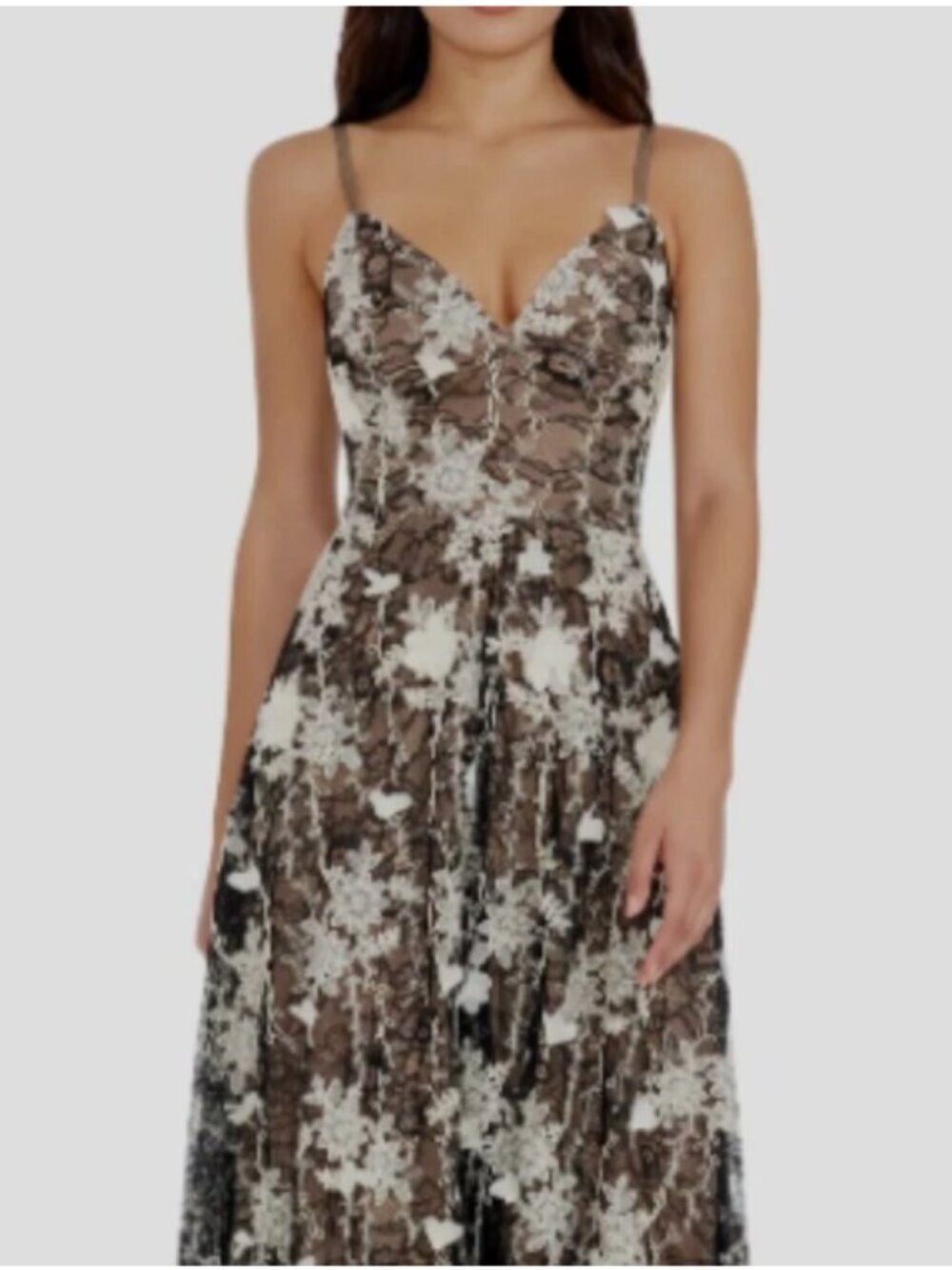 Dress the Population Tahani V-Neck Embroidered Mesh Cocktail Dress Blk/Wht Sz L